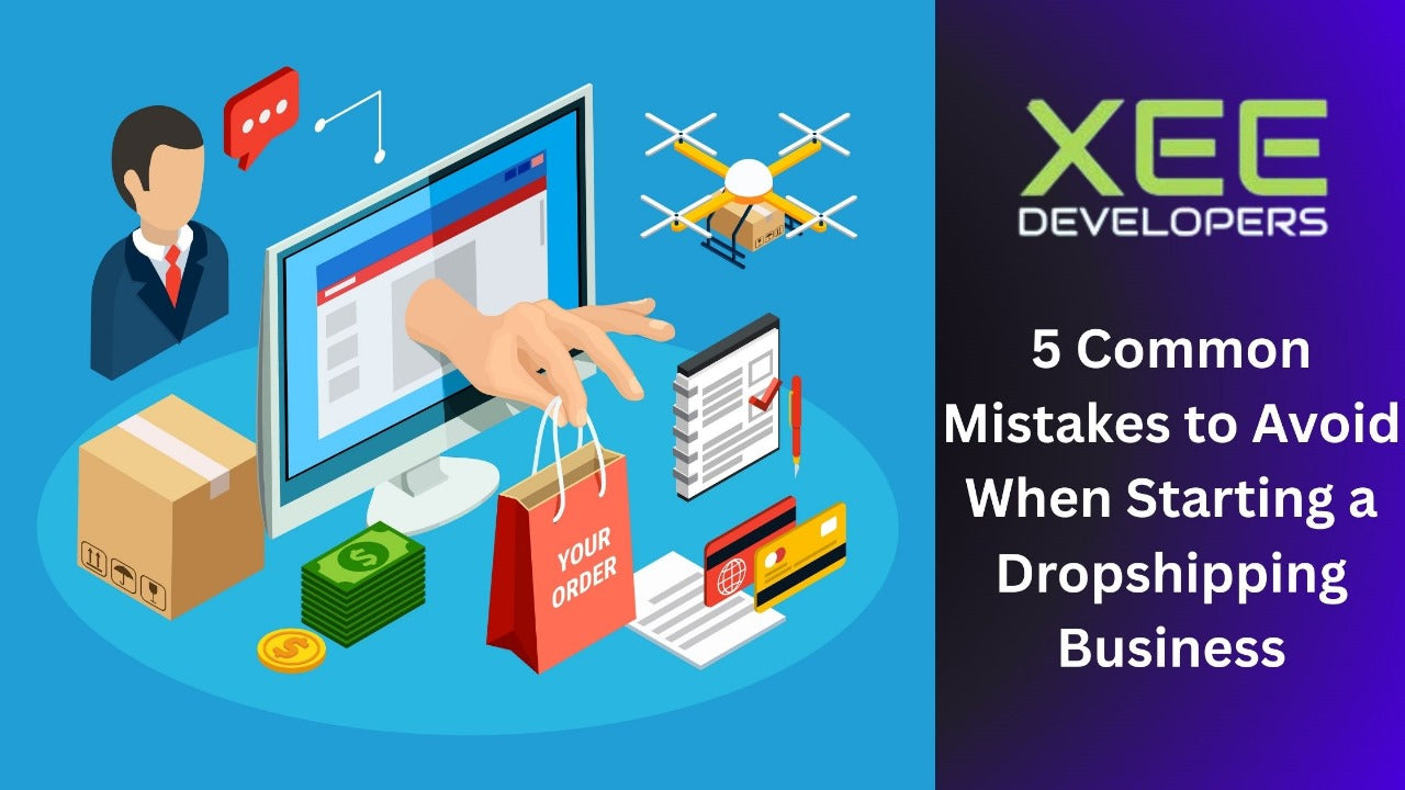 Visual representation of 5 dropshipping mistakes to avoid, featuring tips on niche, suppliers, marketing, and customer service strategies