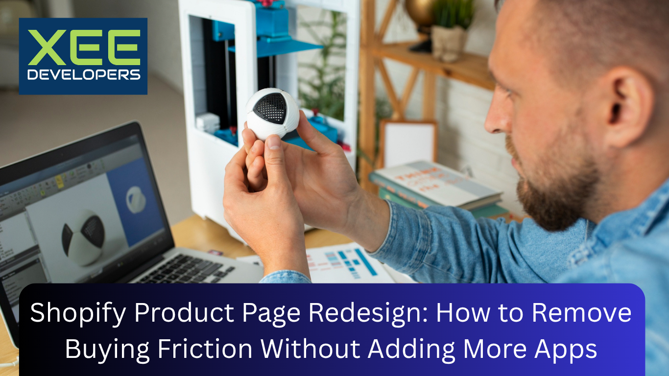 Shopify product page redesign showing cluttered layout replaced by a clean version with clear variants and add-to-cart button