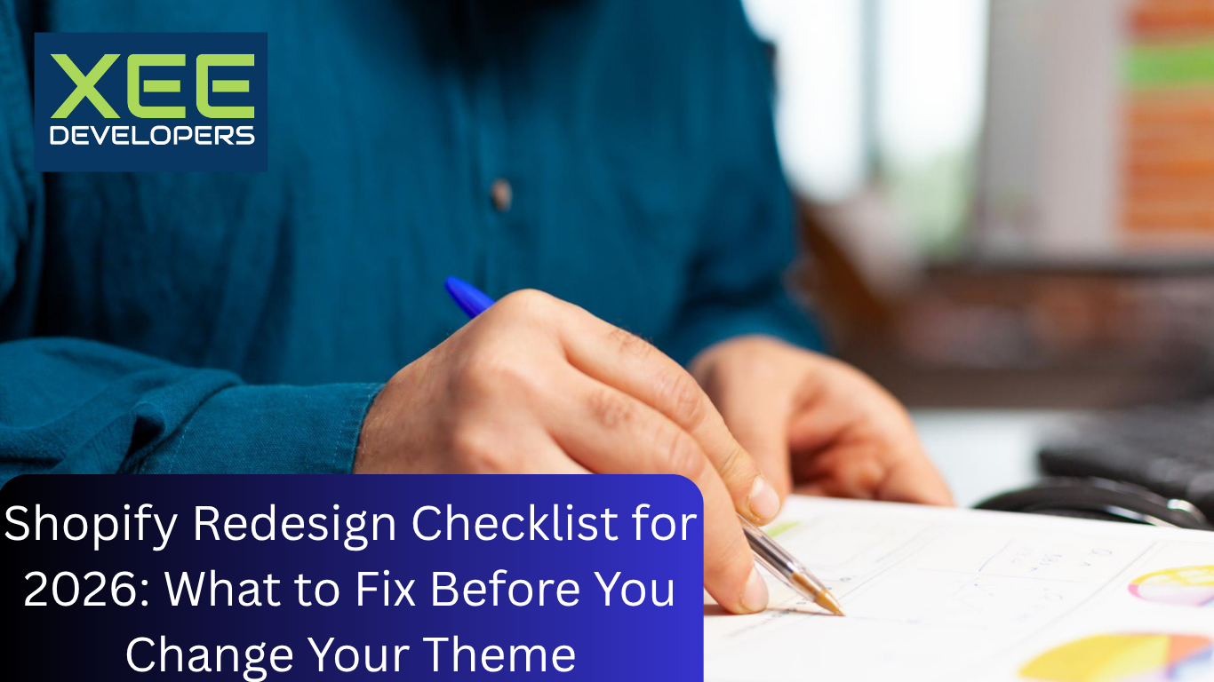 Shopify redesign checklist shown beside a store homepage on a laptop and mobile phone